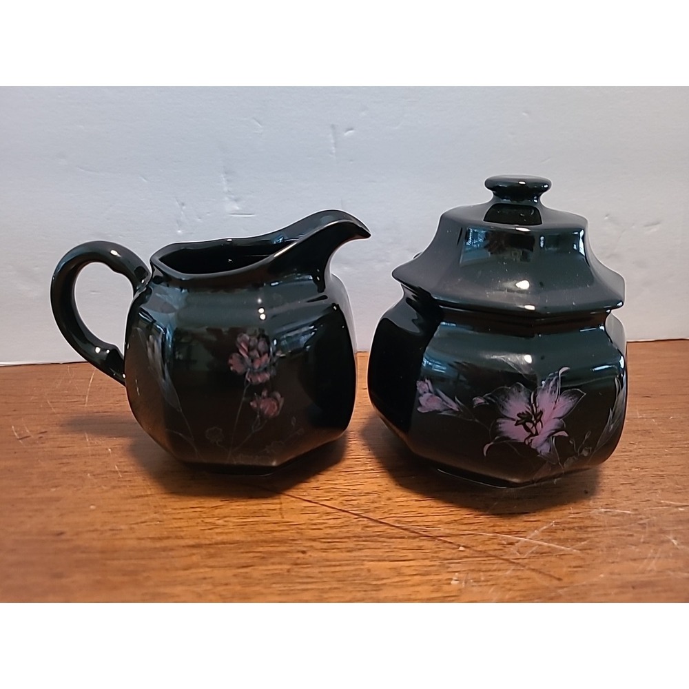 Mikasa EBONY GARDEN Sugar Bowl and Creamer Set Pink Yellow Flowers Black‎ F3701